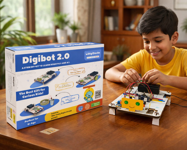 Child playing with a Digibot 2.0 STEM kit on a wooden table, with the product packaging visible.