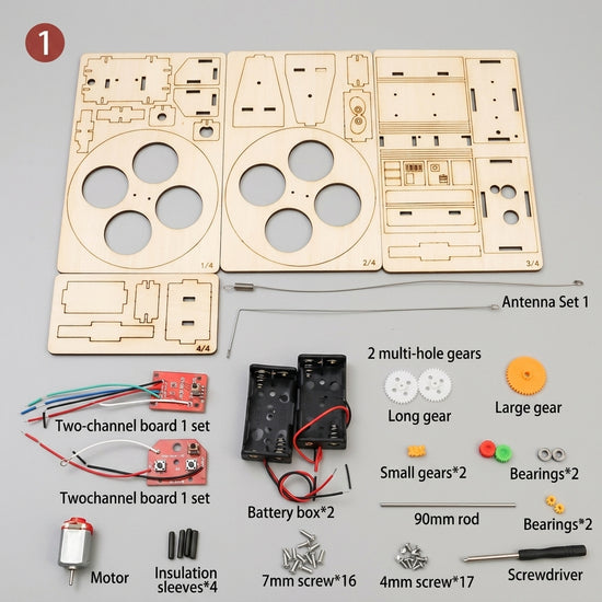 Mr. Balance kit complete parts list — laser-cut wooden pieces, DC motor, remote control board laid out