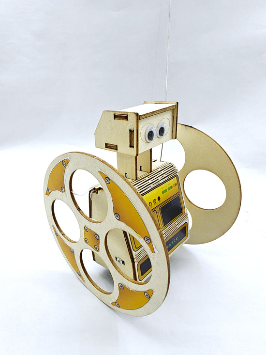 Mr. Balance robot close-up — laser-cut wooden frame and motor wiring