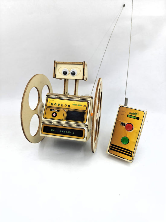 Mr. Balance robot side view showing gear mechanism and wooden frame